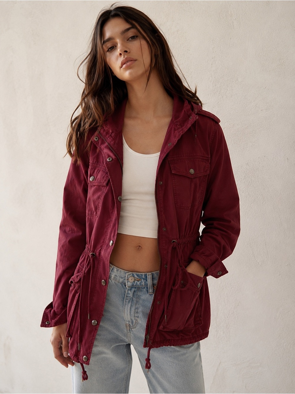 Aritzia Talula Burgundy Utility Anorak Jacket Size M Hooded Military Cargo Coat